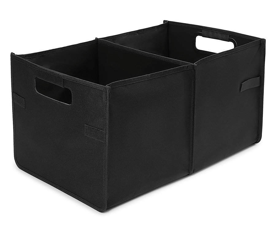 Czarny materiałowy organizer z dwoma przegródkami i uchwytami.