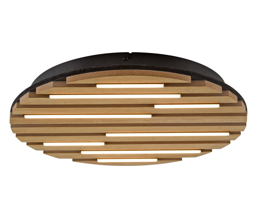 Owalna lampa sufitowa z czarną podstawą i drewnianymi listwami. Pomiędzy listwami prześwituje światło.