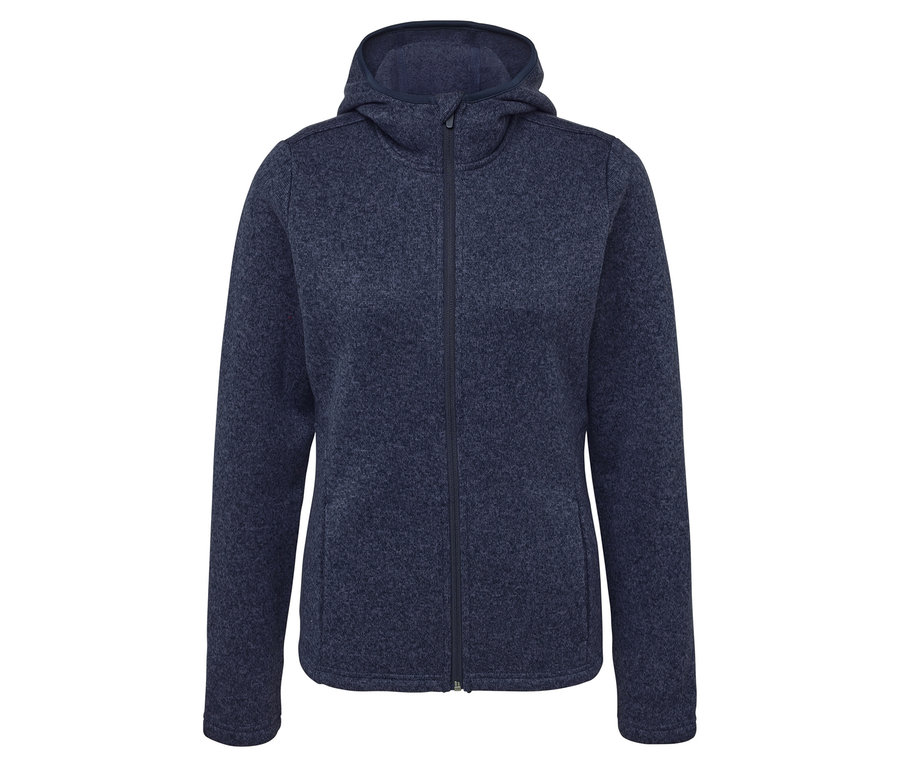 Granatowa bluza polarowa z kapturem i zamkiem błyskawicznym pośrodku.