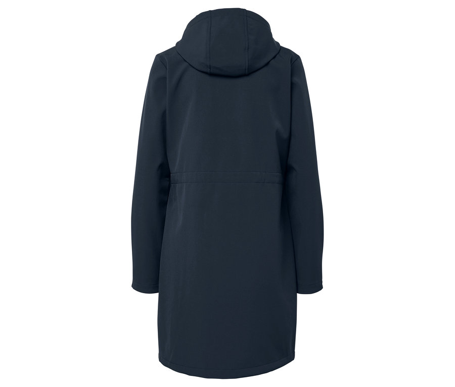 Granatowa kurtka z kapturem, widok z tyłu.