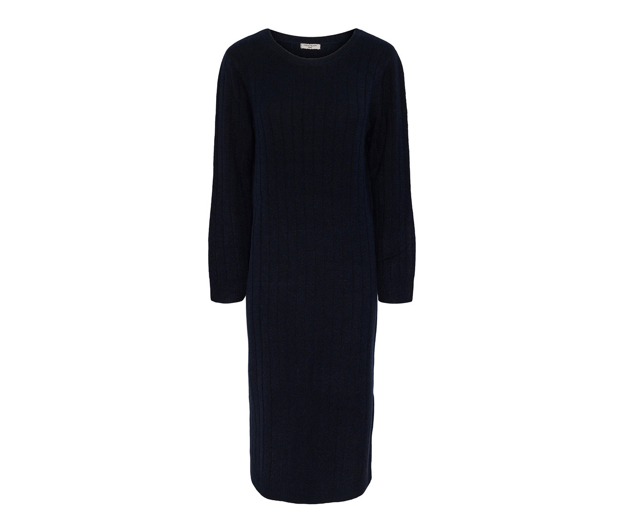 Granatowa sukienka z prążkowanej dzianiny.
