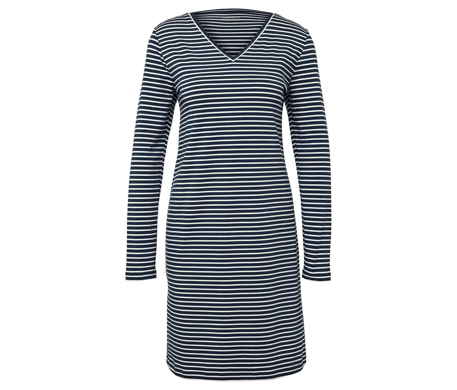 Sukienka w niebiesko-białe paski z długim rękawem i dekoltem w serek.