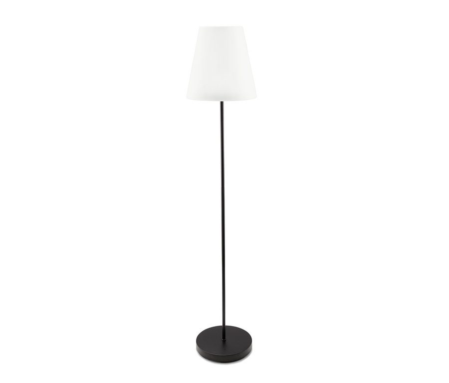 Czarna lampa podłogowa LED do użytku zewnętrznego z białym kloszem.