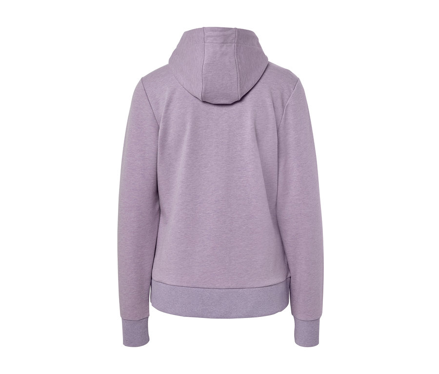 Widok z tyłu fioletowej rozpinanej bluzy dresowej.