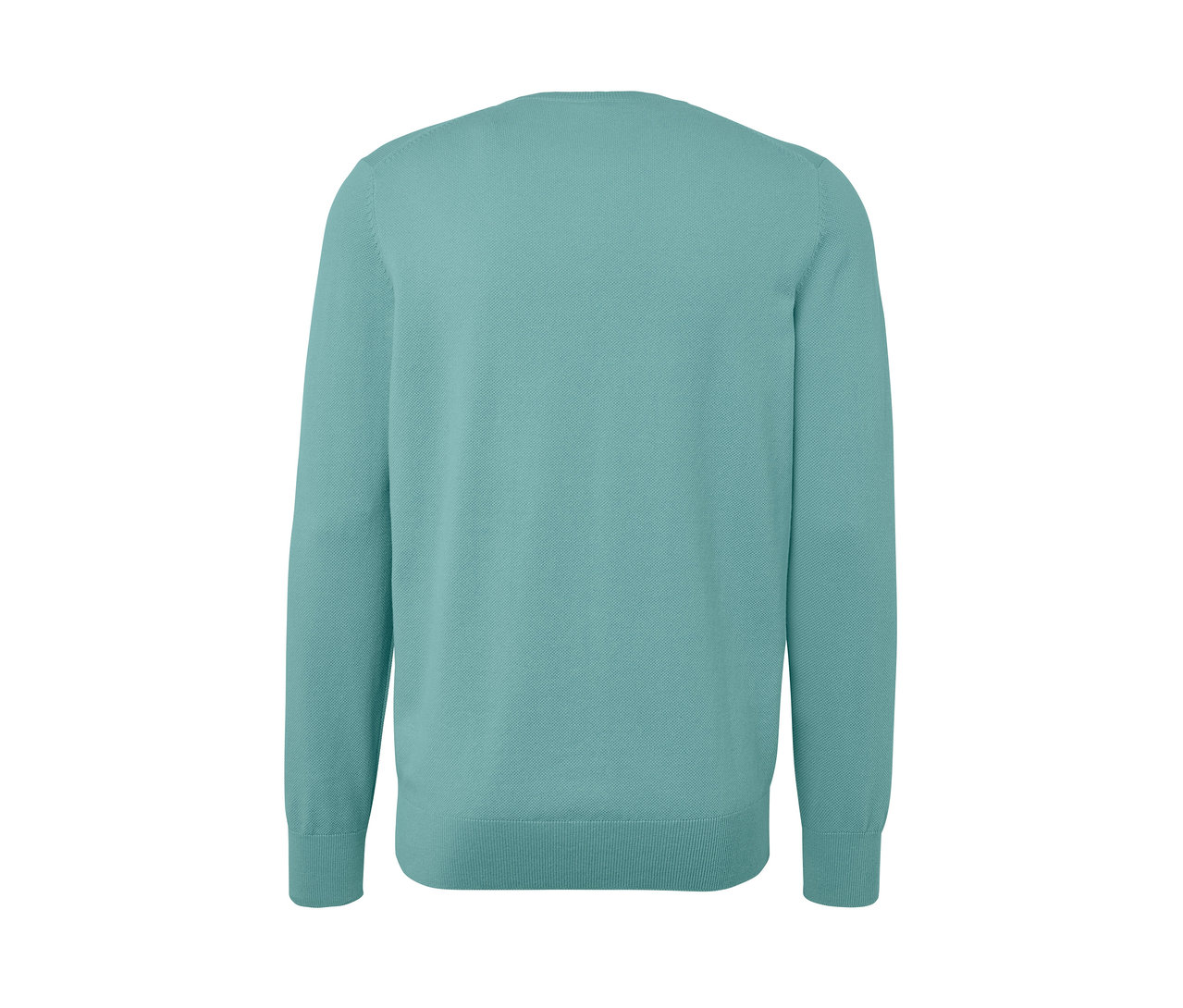 Zbliżenie na tył jasnoniebieskiego swetra.