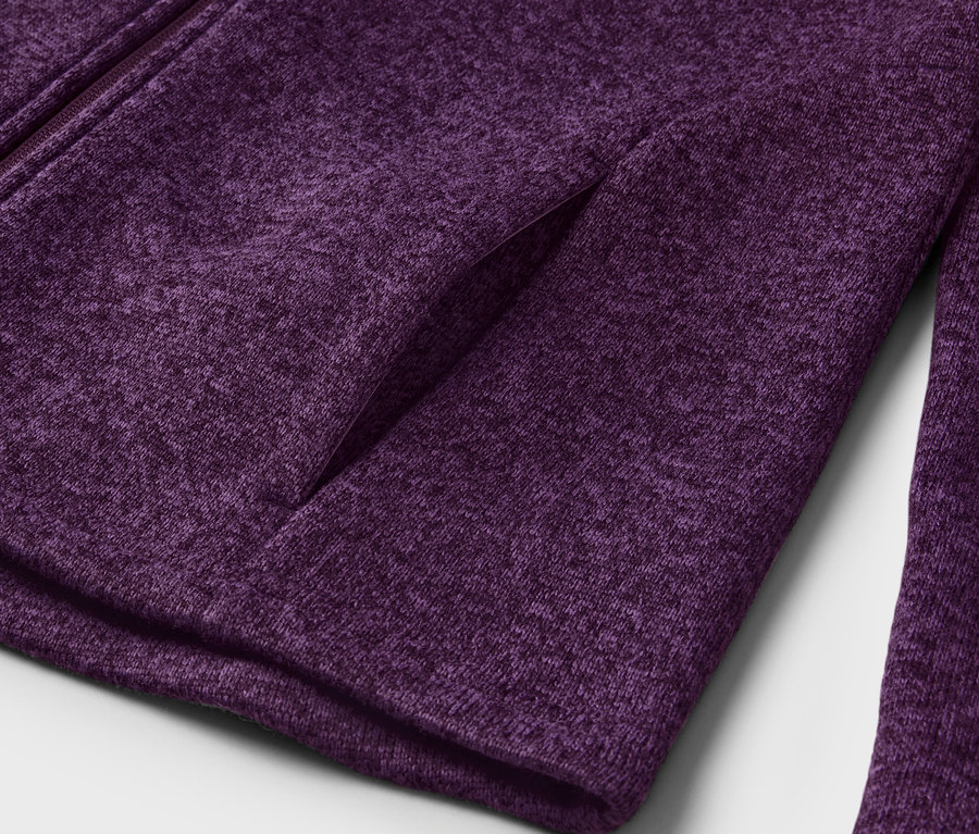 Szczegół damskiej kurtki polarowej Da.Strickfleece-Jacke, pflaume/lavendel.
