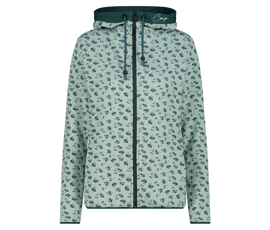 Jasnozielona bluza z kapturem zapinana na zamek, zadrukowana drobnymi kwiatami.