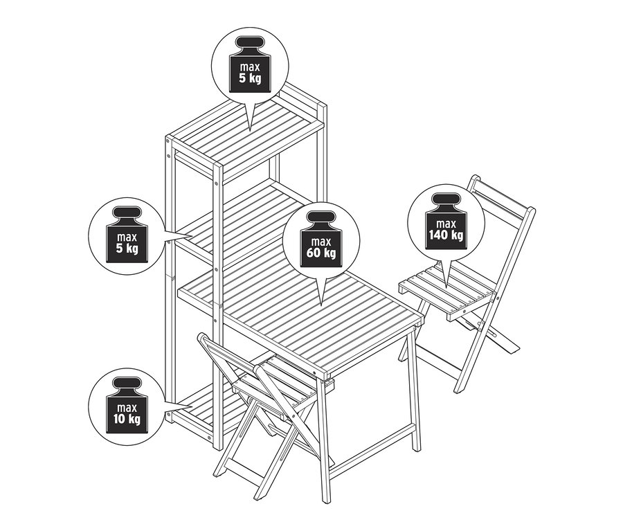 Szkic zestawu na balkon „Lenja” z regałem, zawierający maksymalne obciążenia.