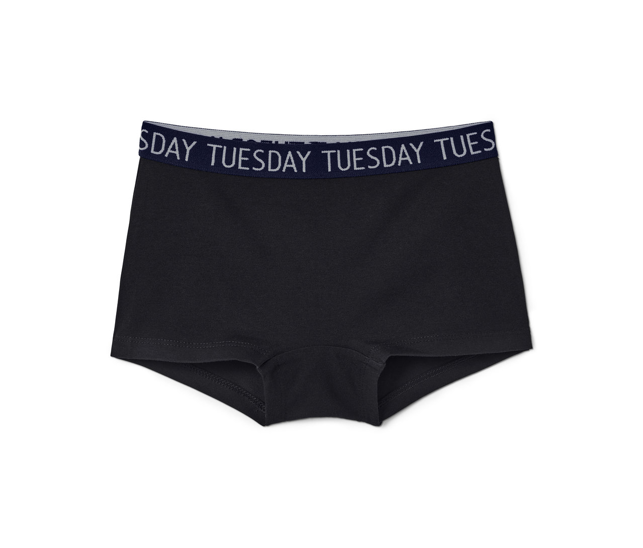 Czarne figi dziewczęce, 7 par, z napisem "TUESDAY" na gumie.