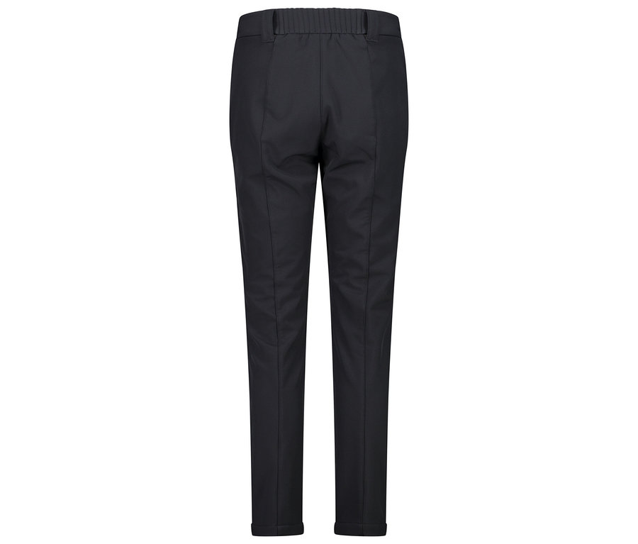 Widok z tyłu granatowych spodni z elastycznym pasem.