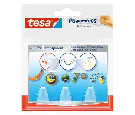 Opakowanie 12 przezroczystych haczyków dekoracyjnych Tesa Powerstrips.