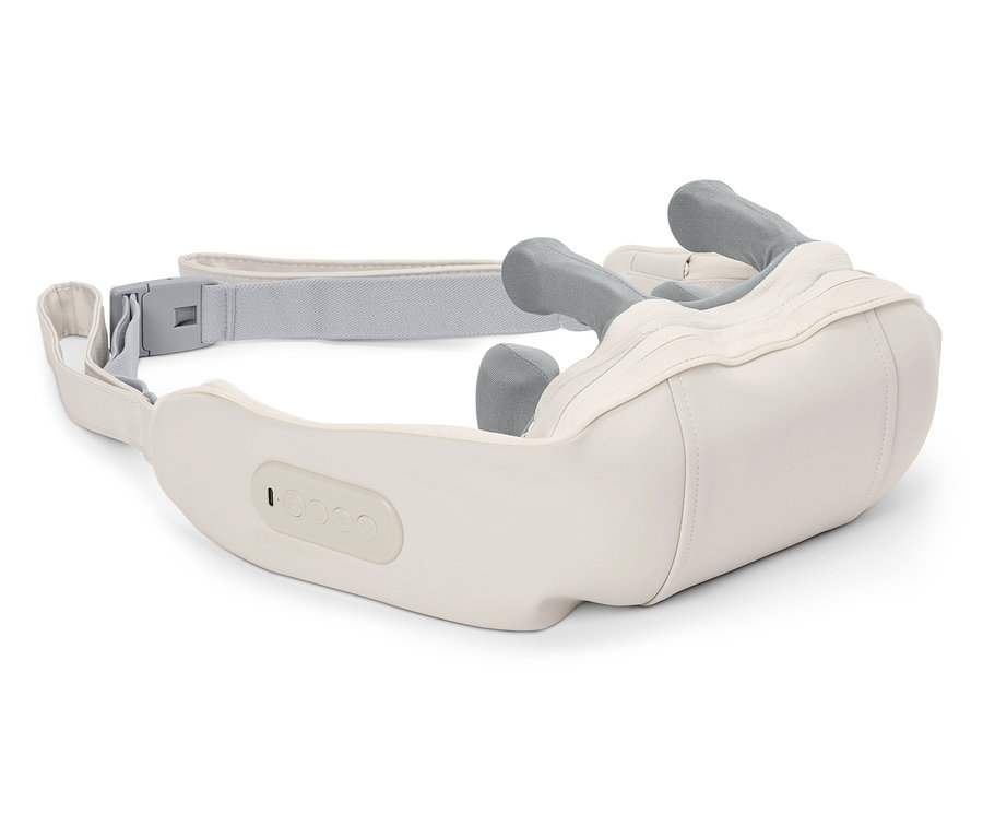 Zbliżenie białego masażera szyi z szarymi głowicami masującymi i regulowanym paskiem.