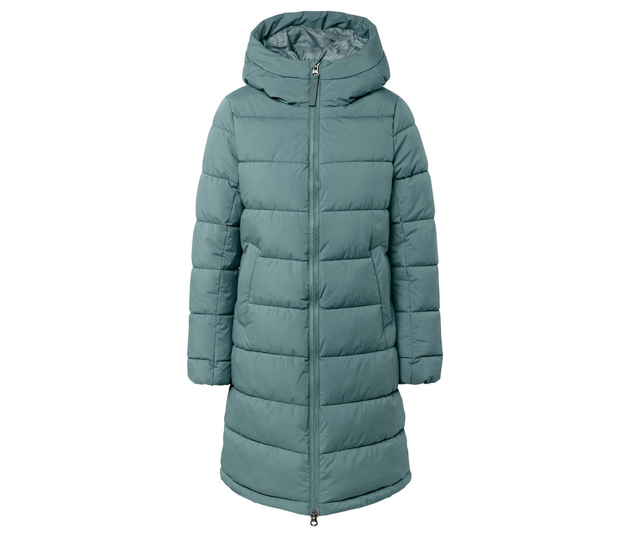 Turkusowa, pikowana kurtka puchowa z kapturem.