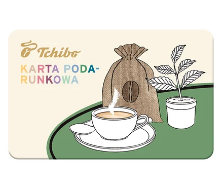 Ilustracja karty podarunkowej z motywem kawy. Na karcie znajduje się filiżanka kawy, worek z ziarnami kawy i roślina. Karta podarunkowa »Filiżanka dobrej kawy«.