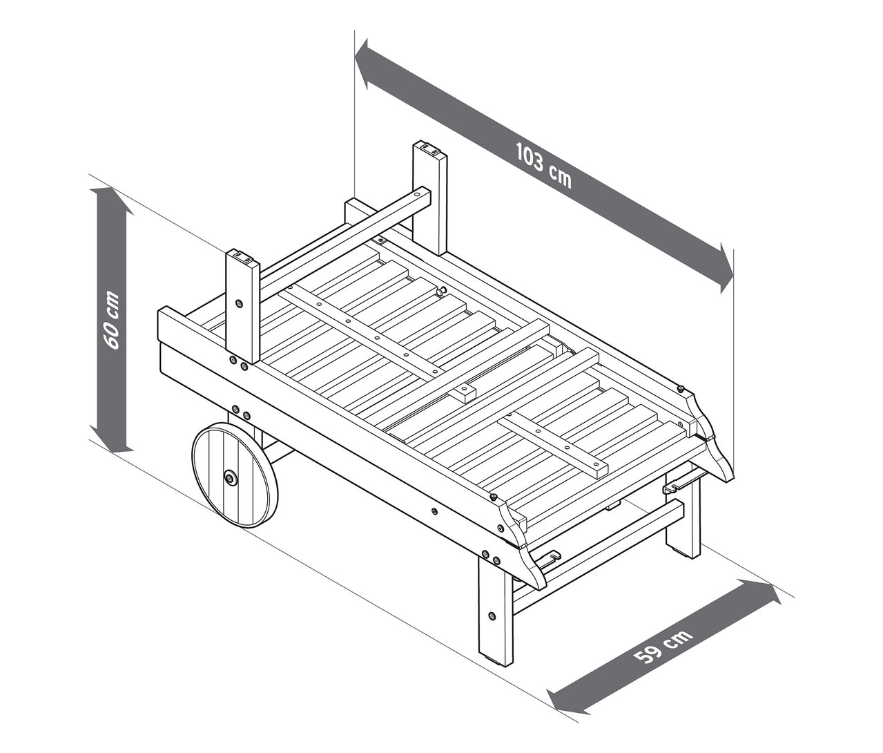 Zdjęcie przedstawia klasyczny leżak ogrodowy o wymiarach 103 cm długości, 60 cm wysokości i 59 cm szerokości.