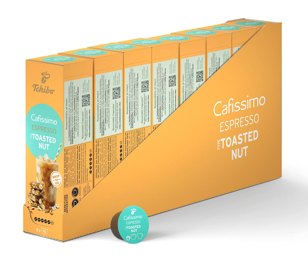 Rząd opakowań kapsułek Cafissimo Flavoured Espresso - Tostaed Nut w żółtym uchwycie, plus jedna kapsułka.