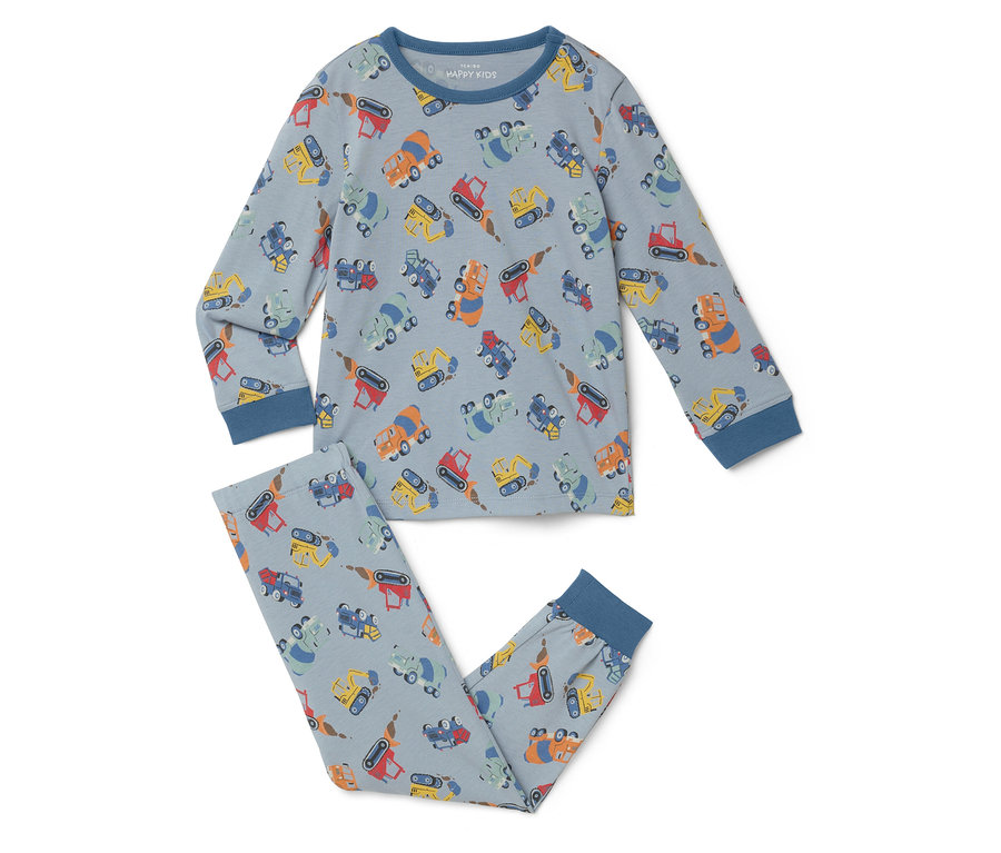 Jasnoniebieska piżama z motywem pojazdów budowlanych, składająca się z bluzki z długim rękawem i spodni.