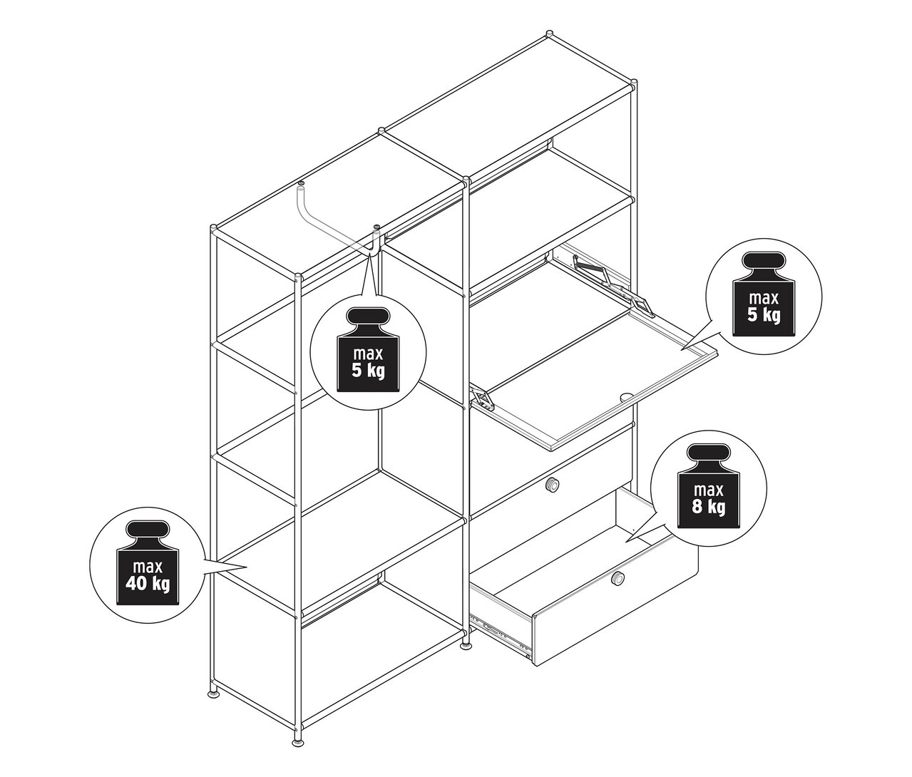 Widok z góry na metalowy regał z dwoma klapami i dwiema szufladami oraz informacjami o wadze.