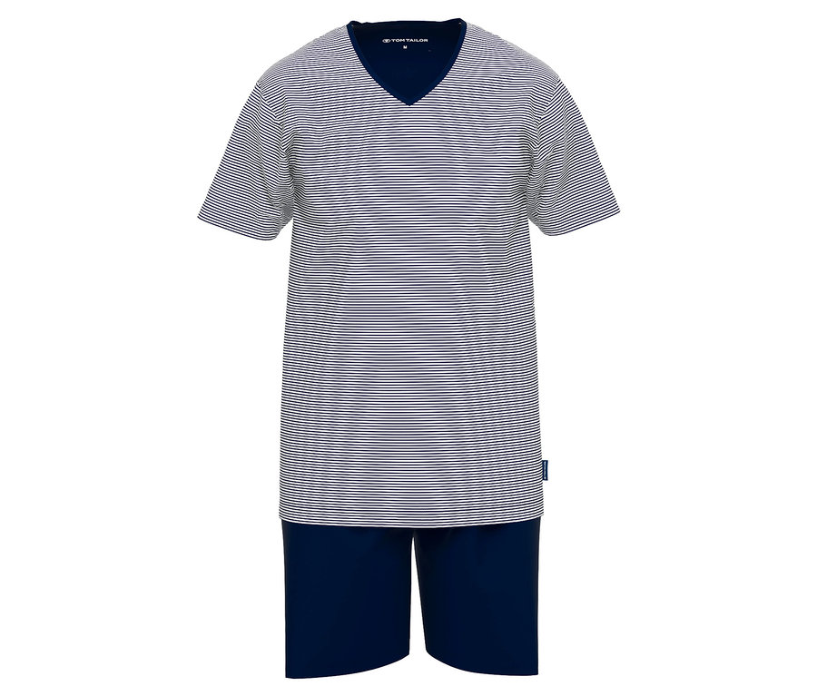 Paski piżamy z krótkim rękawem i dekoltem w serek oraz granatowe krótkie spodenki.