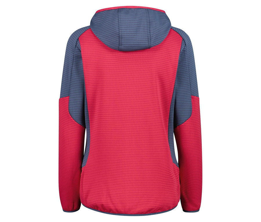 Widok z tyłu czerwono-niebieskiej kurtki z kapturem.