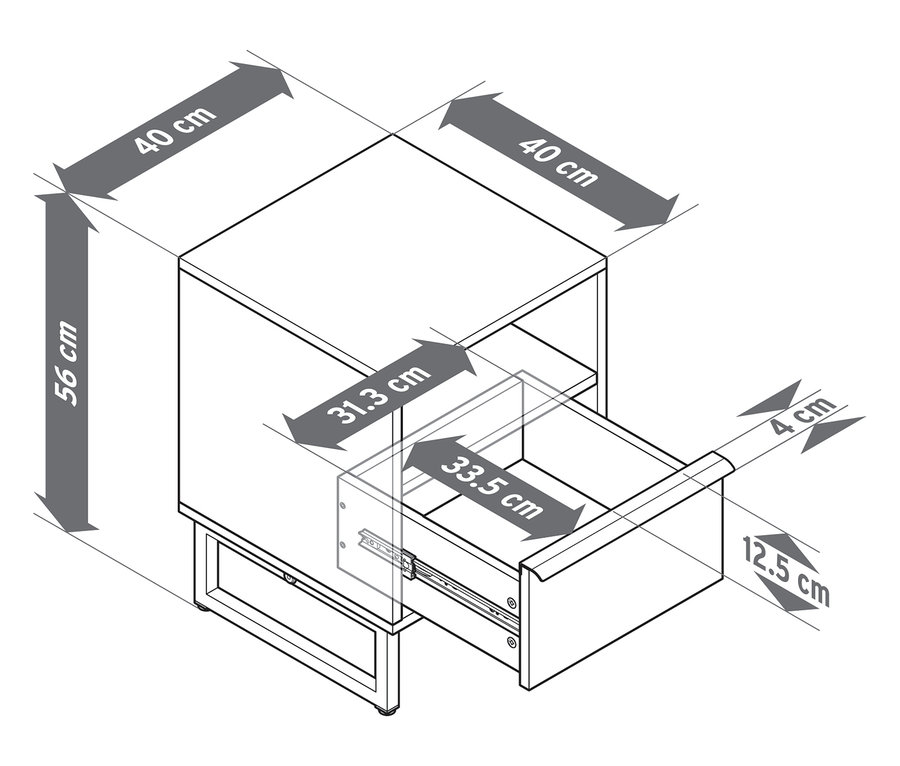 Widok z góry szafki nocnej „LEEG” z szufladą i wymiarami.