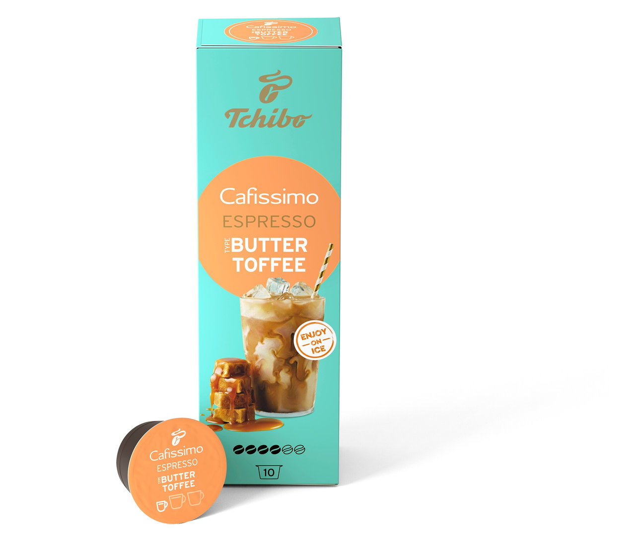 Paczka kapsułek Cafissimo Flavoured Espresso - Buttertoffee stoi obok dwóch pojedynczych kapsułek.