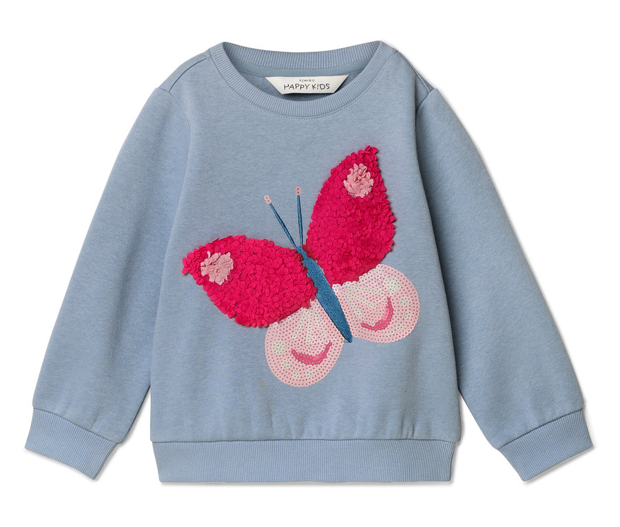 Jasnoniebieska bluza z czerwonym nadrukiem motyla.