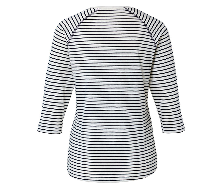 Widok z tyłu bluzki z długim rękawem w paski, z rękawami trzy czwarte.