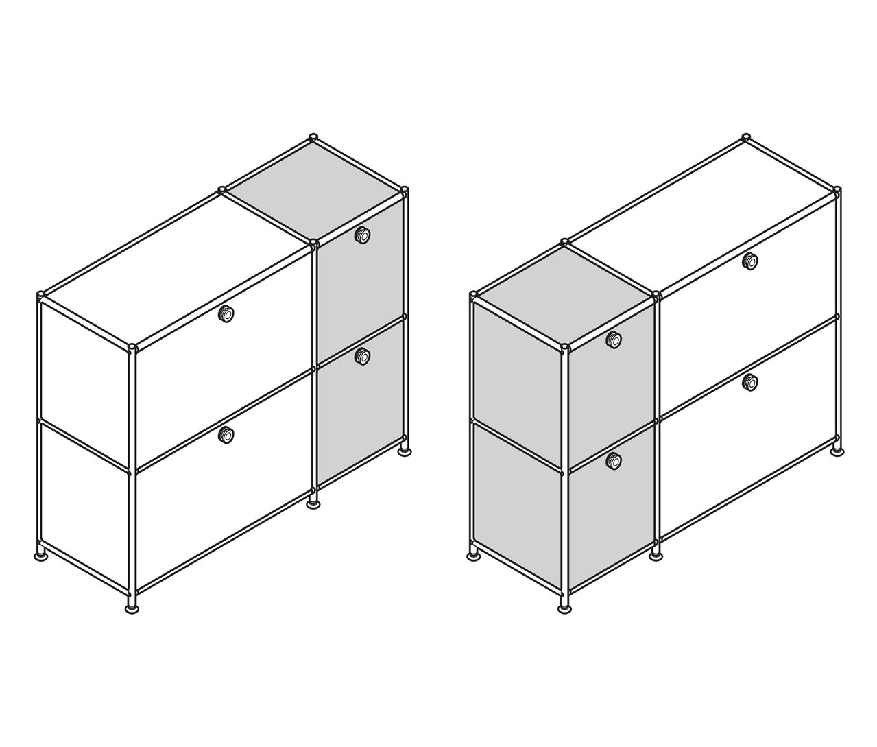 Dwie szafki typu sideboard „CN3” z 4 klapami, jedna w kolorze szaro-białym, druga całkowicie szara.