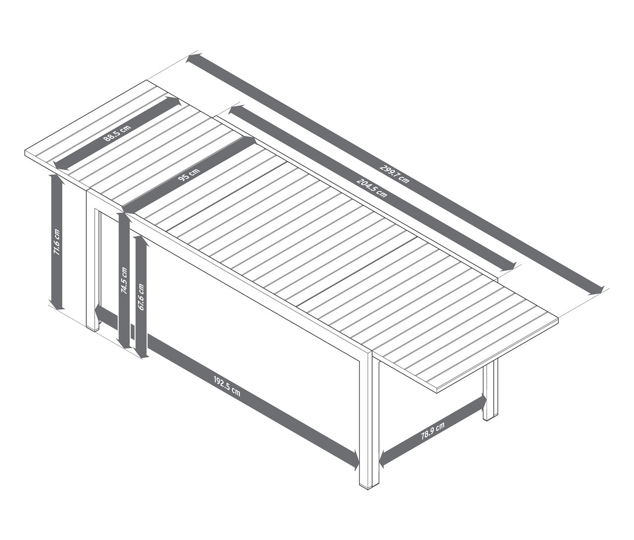 Ilustracja rozsuwanego stołu ogrodowego z aluminium „Liska” o wymiarach ok. 200–300 cm.