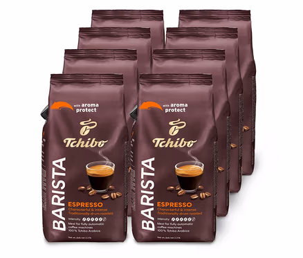 Osiem opakowań kawy ziarnistej BARISTA Espresso – 8x 1 kg ułożonych w dwóch rzędach.