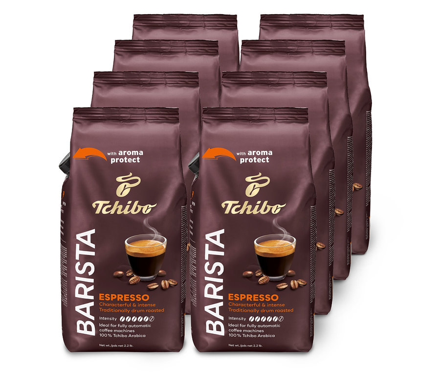 Osiem opakowań kawy ziarnistej BARISTA Espresso – 8x 1 kg ułożonych w dwóch rzędach.