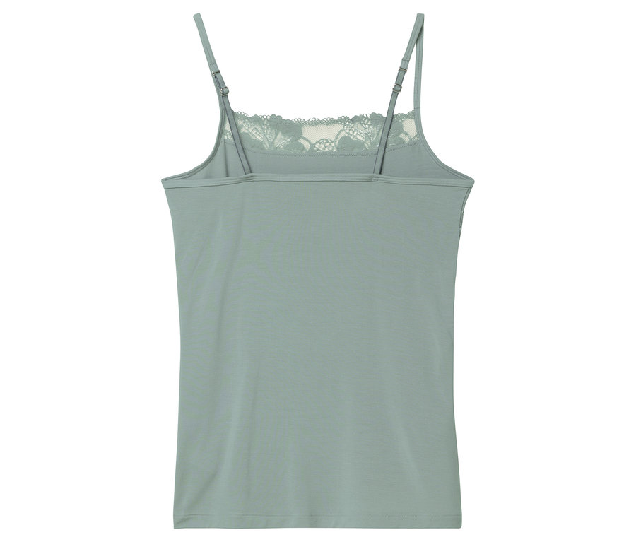 Widok z tyłu damskiego topu bez rękawów w kolorze miętowej zieleni z koronką przy dekolcie i regulowanymi ramiączkami.