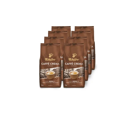 Osiem brązowych opakowań kawy ziarnistej Tchibo Caffè Crema Intense ustawionych w dwóch rzędach na białym tle.