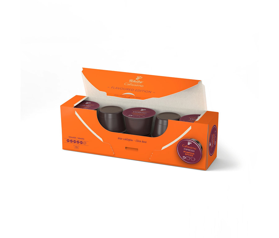 Otwarte pomarańczowe opakowanie z dziesięcioma ciemnofioletowymi kapsułkami Cafissimo Flavoured Espresso - Pumpkin Spiced, ułożonymi w dwóch rzędach.