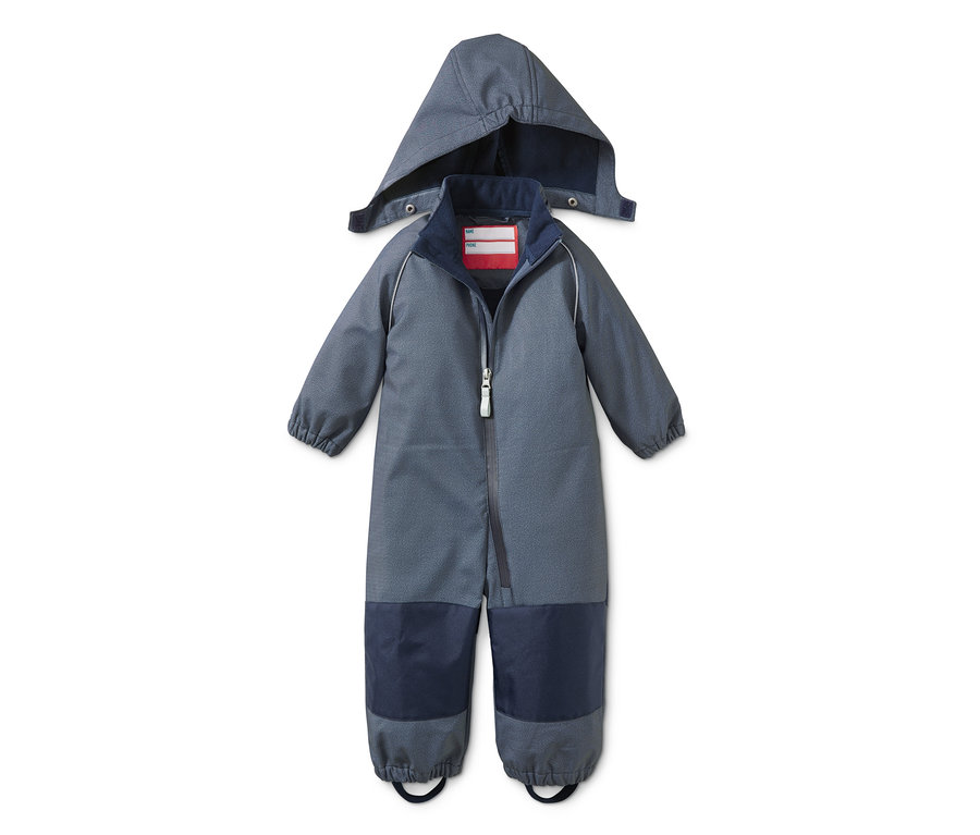 Niebieski kombinezon dziecięcy softshell z kapturem i zamkiem błyskawicznym.