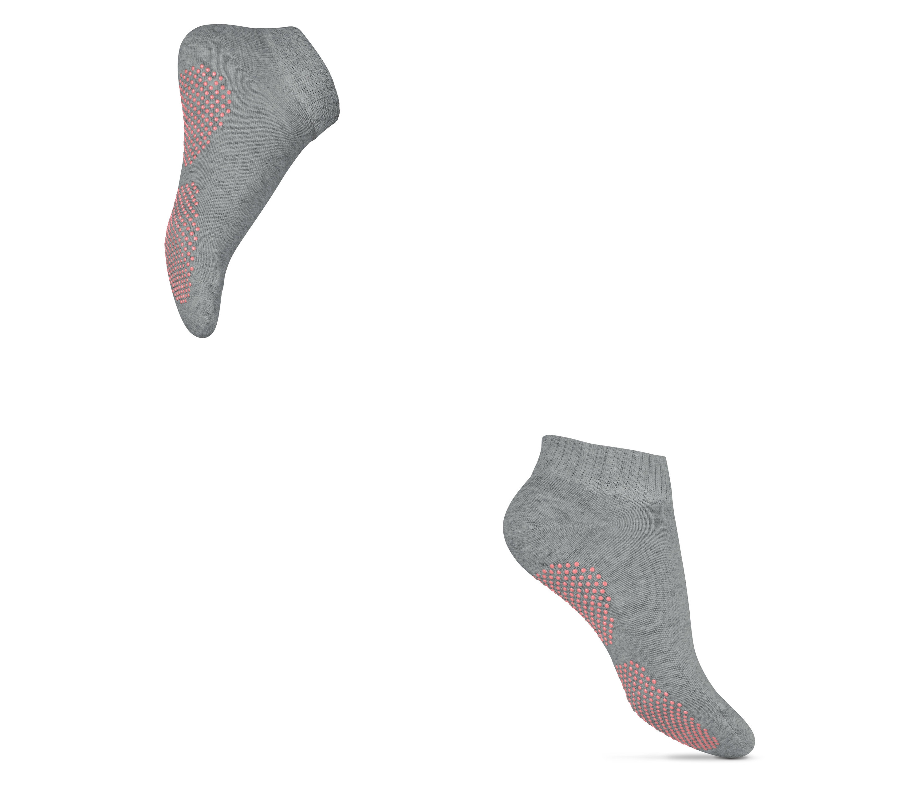 Dwie pary szarych skarpet do jogi z antypoślizgowymi różowymi kropkami.