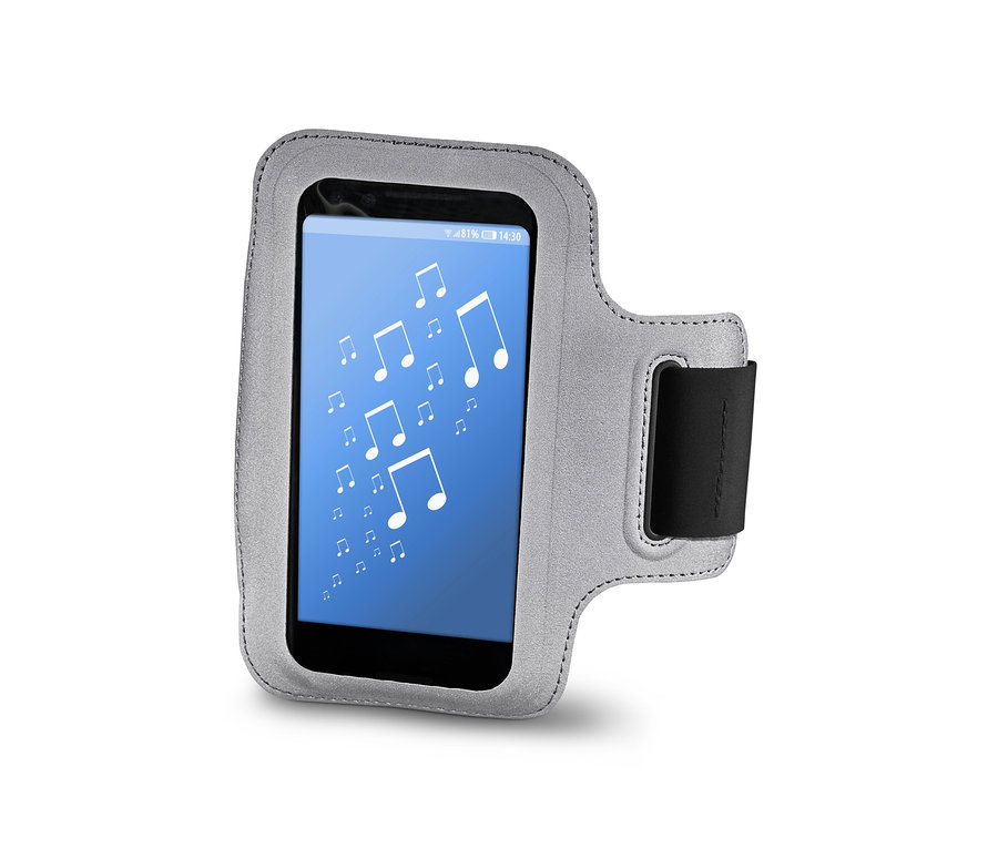 Szara sportowa opaska na ramię na smartfon z czarnym paskiem.