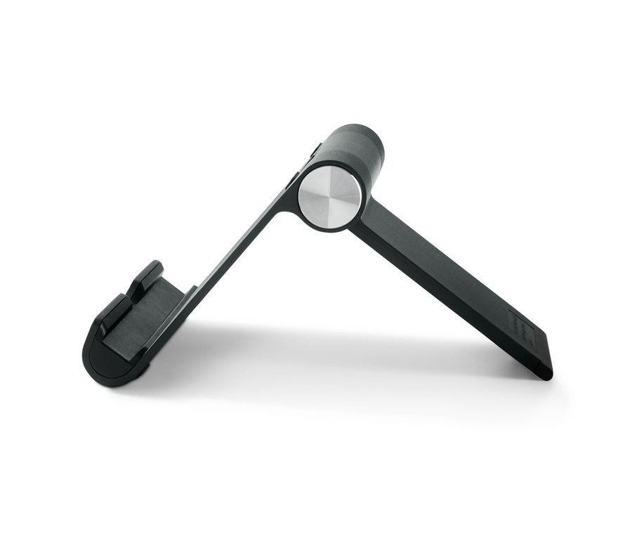 Czarny stojak na smartfon lub tablet na białym tle.