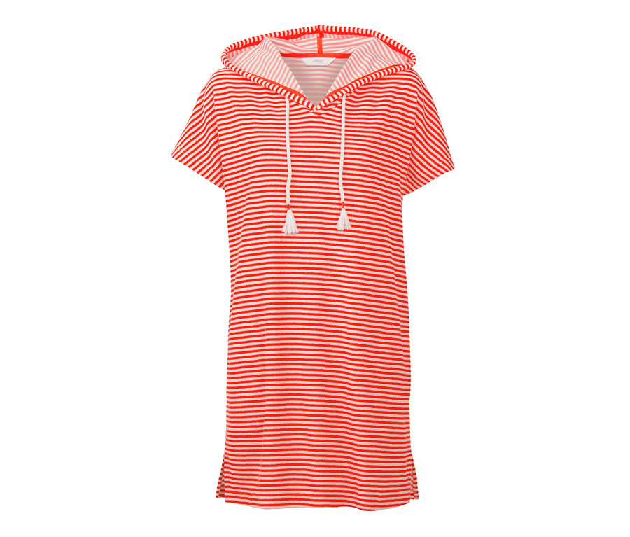 Plażowa sukienka z tkaniny frotté w paski z kapturem i sznurkiem.