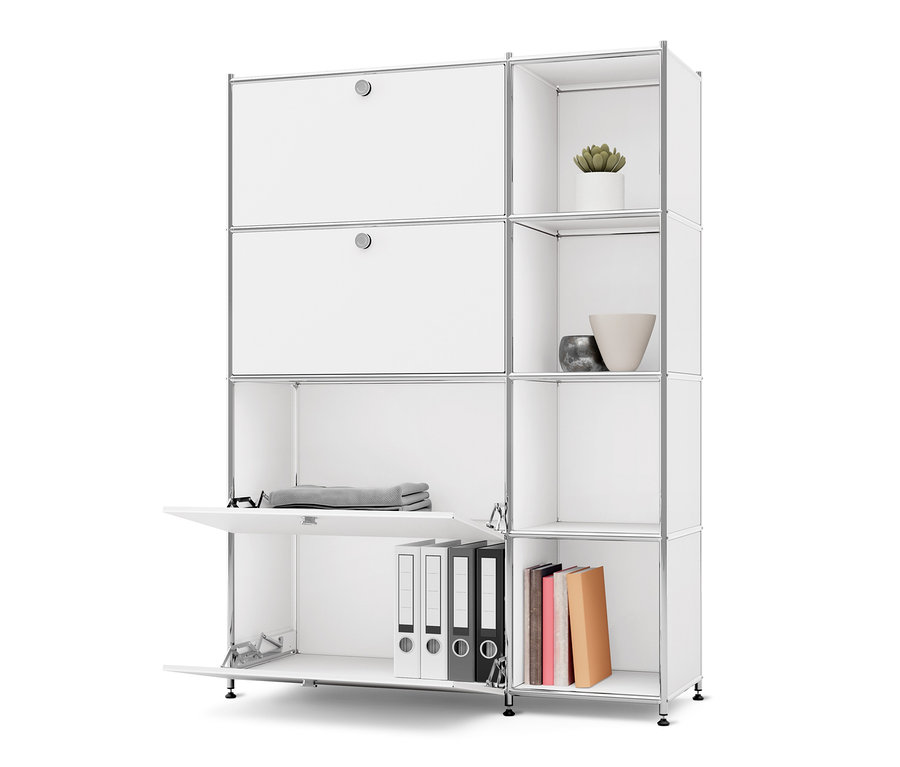 Biały metalowy regał »CN3« z 4 komorami z klapami, z których jedna jest otwarta.