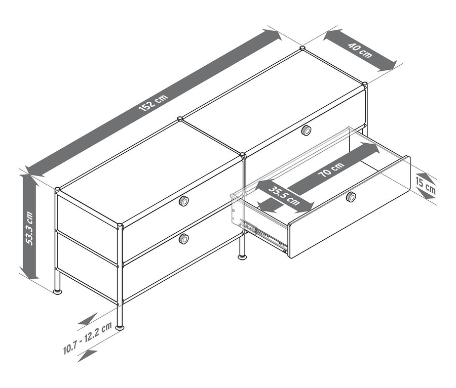 Ilustracja niskiej szafki metalowej »CN3« z 4 szufladami, z wysuniętą szufladą i podanymi wymiarami.