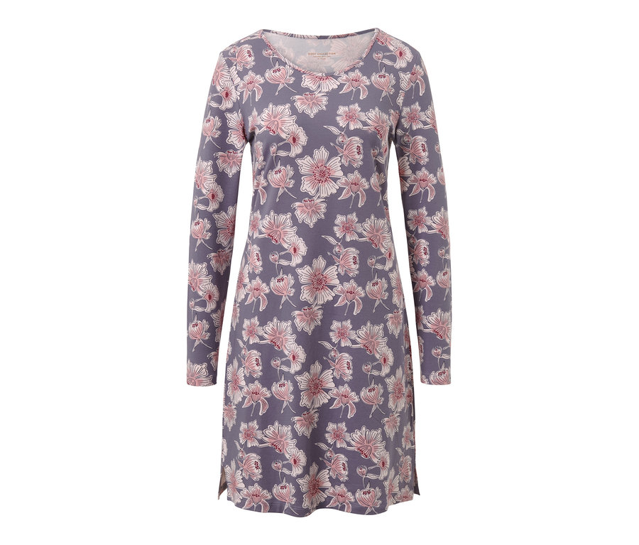 Fioletowa koszula nocna z długim rękawem w kwiaty.