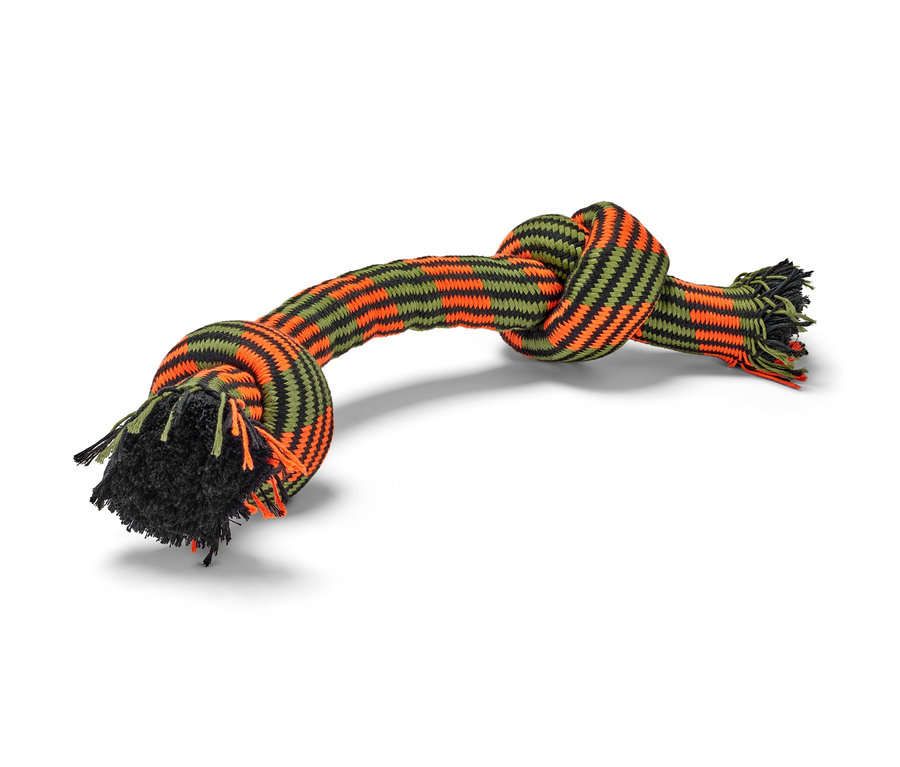 Zabawka dla psa – szarpak ze sznura z węzłami i frędzlami w kolorze pomarańczowym, oliwkowym i czarnym.