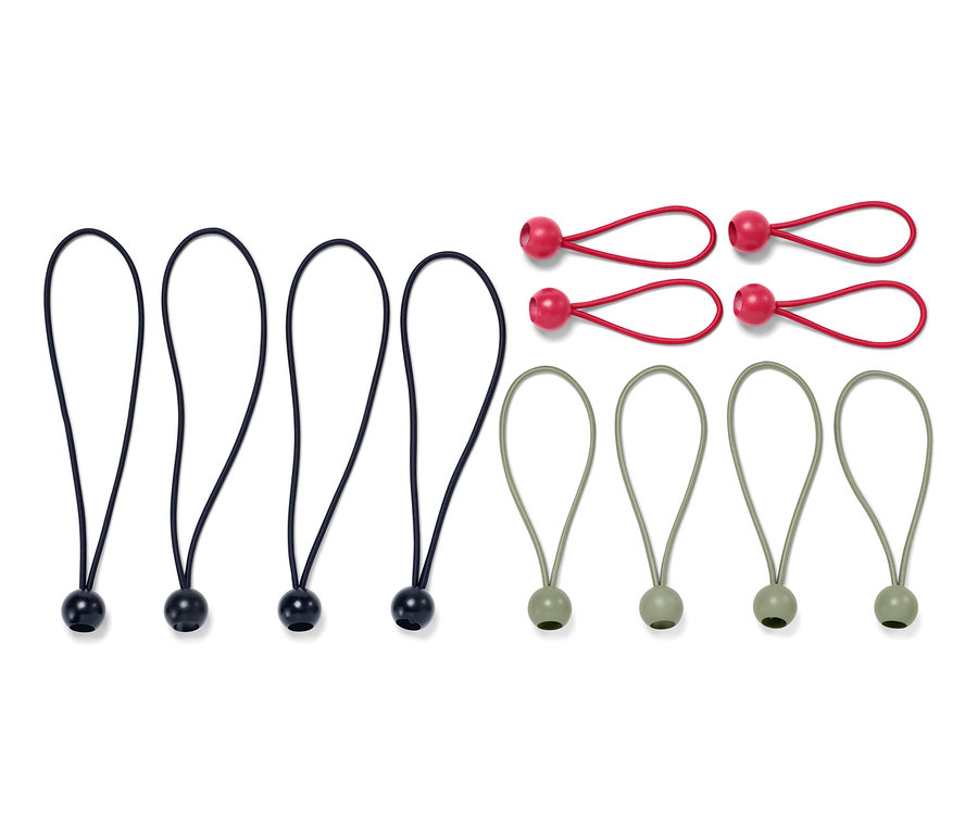 Dwanaście gumek napinających z kulkami w kolorze czarnym, czerwonym i zielonym.