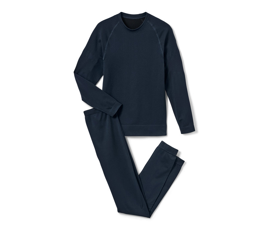 Granatowa dziecięca bezszwowa bielizna funkcyjna leży na białym tle.