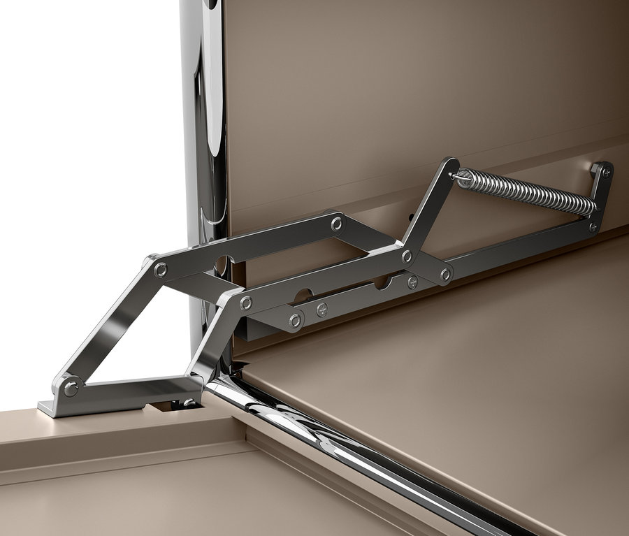 Szczegół szarobeżowej metalowej komody CN3 z klapami i mechanizmem otwierania.