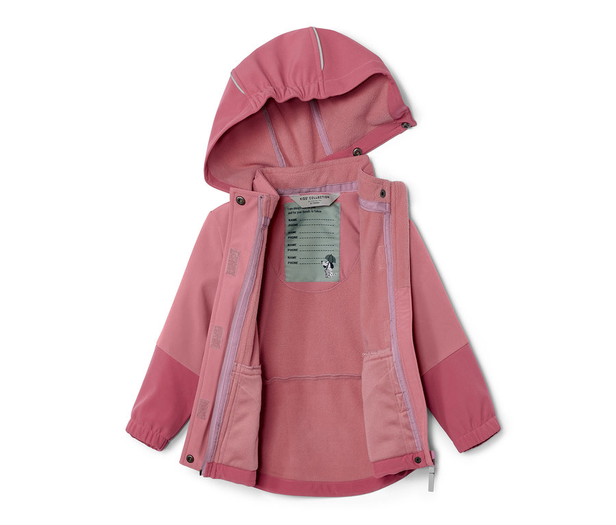 Rozpięta dziecięca kurtka softshell zmieniająca kolor pod wpływem deszczu, różowa, z kapturem.