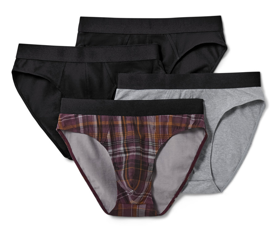 Cztery pary slipów męskich: dwie czarne, jedna szara i jedna w kratę.