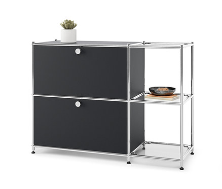 Czarna metalowa szafka typu sideboard „CN3” z 2 szafkami z klapami i rośliną doniczkową na górze.